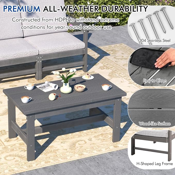 6-Piece HDPE Patio Furniture Set, All-Weather Outdoor Sectional Sofa Set w/Coffee Table+Side Table - Wood-Like Composite Conversation Couch for Deck, Lawn, Balcony - Grey Frame with Cushion