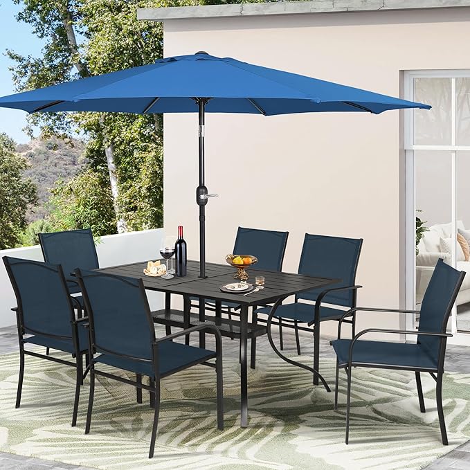 Crownland 7 Piece Patio Dining Set, Textilene Dining Sets, 6 Textilene Metal Chairs and Rectangular Outdoor Dining Table with Dark Blue 9FT Round Outdoor Umbrella (Blue)