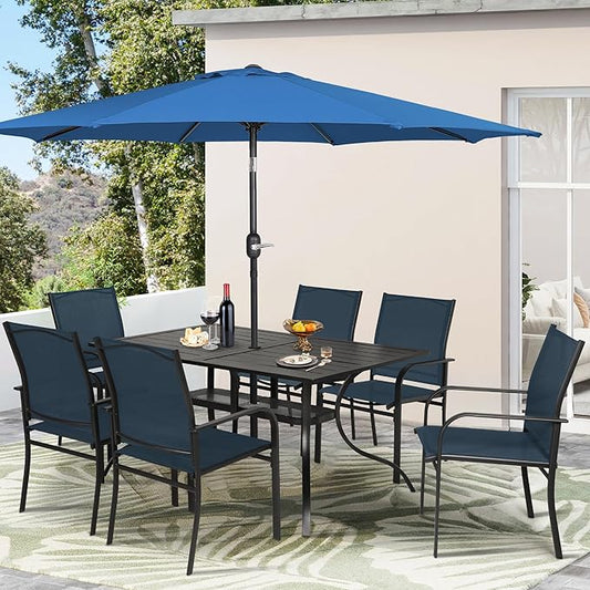 Crownland 7 Piece Patio Dining Set, Textilene Dining Sets, 6 Textilene Metal Chairs and Rectangular Outdoor Dining Table with Dark Blue 9FT Round Outdoor Umbrella (Blue)