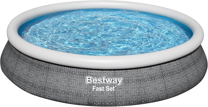 Bestway Fast Set 15' x 33" Round Inflatable Outdoor Above Ground Swimming Pool Set with 530 Gallon Filter Pump and Repair Patch, Gray Rattan
