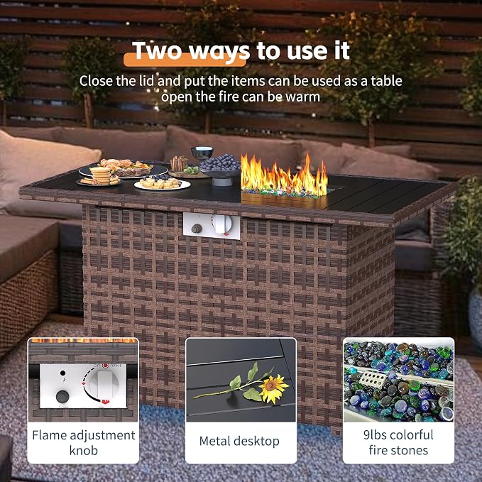 UDPATIO Furniture Set with Fire Pit Table, 8 Piece Sectional Sofas, All-Weather Wicker Conversation for Garden, Backyard, Khaki