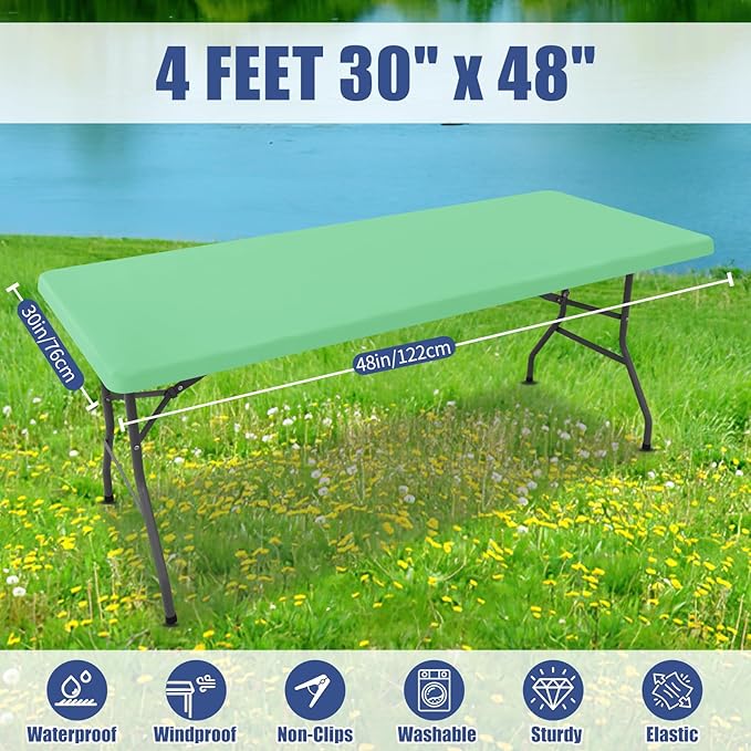 Moosfor Spandex 4 Foot Rectangle Table Cloth 2 Pack, Elastic Fitted Tablecloths for Picnic, Stretch Washable Patio Table Cover for Outdoor, Camping, Banquet and Parties (Bright Green, 30"x48")