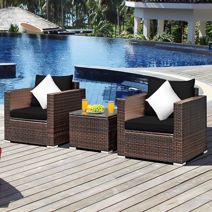 Patio Conversation Set Outdoor, 3-Piece Rattan Wicker Furniture Set with Water-Resistant Cushion & Tempered Glass Tabletop, Patio Furniture Set for Balcony, Porch, Poolside (Black)