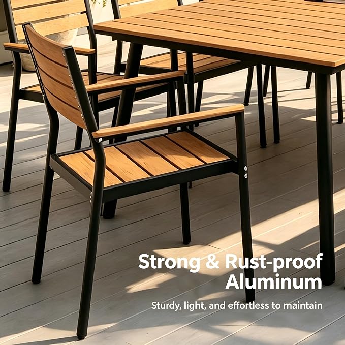 7-Piece Outdoor Dining Set for 6 Person with Teak Wood-Grain Top | Armrest Stackable Chairs with 19.4" Seat Depth, Aluminum Frame Dining Furniture with Umbrella Hole for Deck, Porch & Backyard