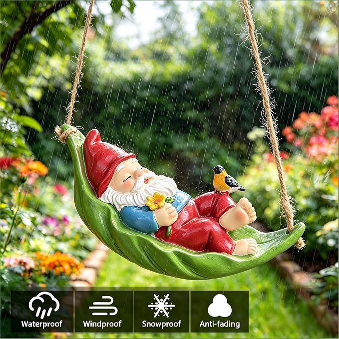 Garden Gnome Outdoor Statues for Garden Decor, Gnome Bird Flowers Resin Hanging Decorations Tree Ornaments Figurines for Outside Backyard Art Decor