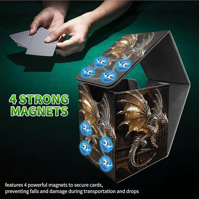 Mechanical Dragon Card Deck Box for MTG, Personalized Card Storage Case Fits 120+ Sleeved Cards, Premium Leather TCG Box with Strong Magnetic Closure for Magic, CCG, PTCG, Baseball Cards