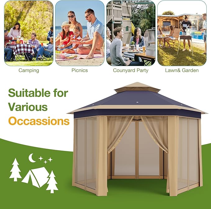 Pop Up Canopy Tent 13x13 Ft Instant Gazebo with Mosquito Netting Enclosure, Adjustable Outdoor Gazebo for Patio, Garden & Backyard Use with UV Protection & 3 Heights