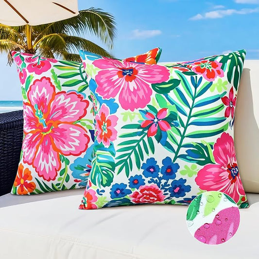 Outdoor Pillow Covers 20x20 Inch Set of 2, Tropical Floral Plants Modern Throw Pillows Cases, Spring Waterproof Square Garden Cushion Sham for Patio Funiture Tent Balcony Bench Sofa Couch