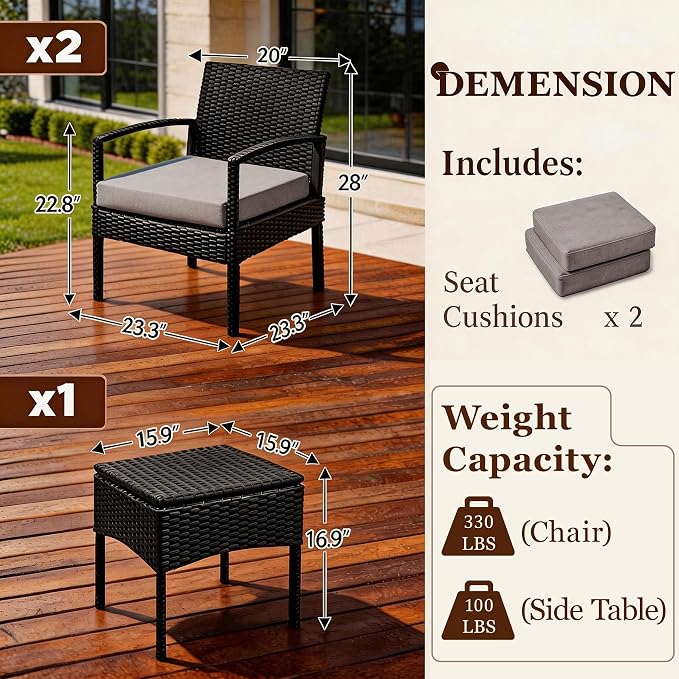 PROHIKER 3 PCS Patio Rattan Conversation Bistro Chairs Set, Outdoor Patio Furniture Wicker Bistro Set with Coffee Table for Garden Porch Balcony Yard Lawn, Gray