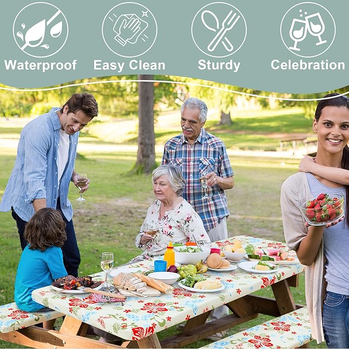 misaya Picnic Table Cover with Bench Cover, Waterproof Elastic Fitted Tablecloth for 6 Foot Tables, Rectangle Washable Polyester Fabric Tablecloths for Picnic, Camping, Outdoor (Butterfly, 30" x 72")