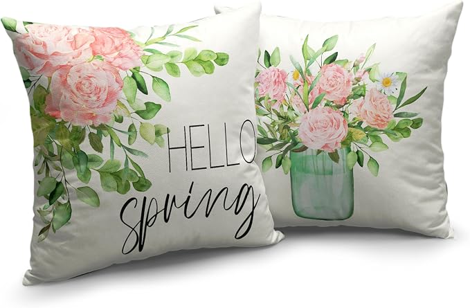 Spring Summer Rose Throw Pillows Case Pink Floral Decorative Cushion Case Shabby Chic Pillow Covers 20x20 Square Cotton Linen Pillowcase for Sofa Couch Bed, Set of 2