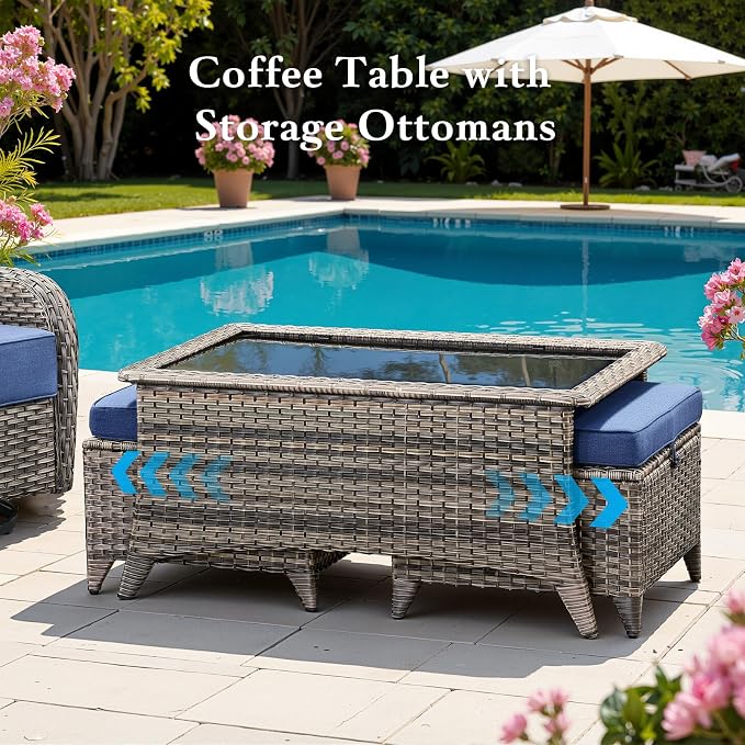 Belord Luxury 6" Thick Cushioned 10 Pieces Patio Furniture Set with Outdoor Couch, Wicker Outdoor Conversation Set with High Back Swivel Rocker Chairs for Deck Porch Yard and Poolside - Grey+Blue