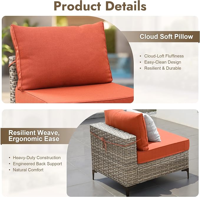 10 Pieces Outdoor Sectional Patio Furniture Set with Swivel Rocking Chairs, Wicker Conversation Sets Rattan L Shaped Couch, Modular Outdoor Sofa for Porch Balcony Backyard, Coarse Stripes Red