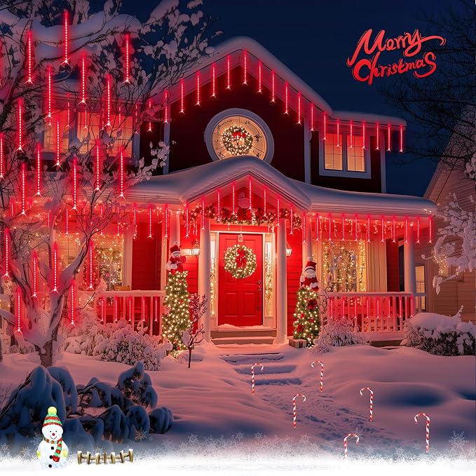 JMEXSUSS Red Solar Christmas Lights Outdoor, 8 Tube 144 LEDs | Solar Meteor Shower Rain Lights, Red Twinkle Light for Tree Eaves Fence Christmas Decorations