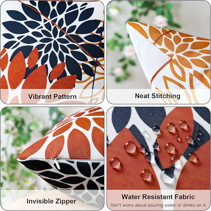 OTOSTAR Outdoor Orange Dark Blue Pillow Covers 20x20 Inch Set of 2 Flower Throw Pillows Farmhouse Geometric Dahlia Floral Square Cushion Case Waterproof Decor for Sofa Patio Funiture Garden