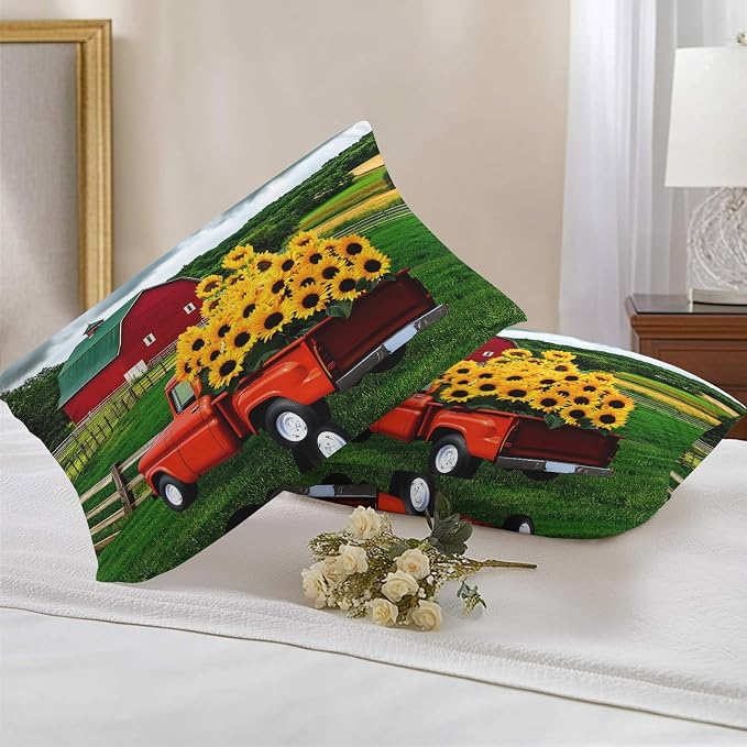 Waterproof Pillow Covers Set of 2 12x20 Inch Farmhouse Sunflower Outdoor Lumbar Cushion Covers Farm Red Truck Decorative Pillow Cases for Patio, Sofa, Couch, Garden