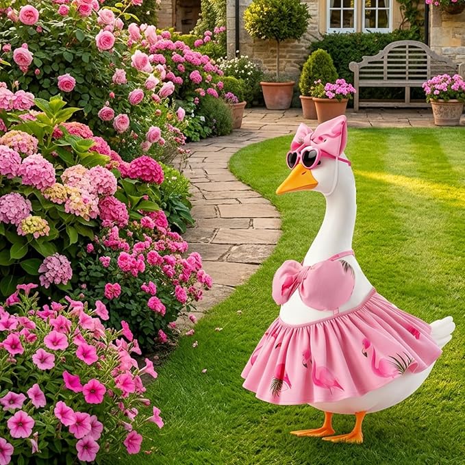 Summer Porch Goose Outfits Bikini - Hawaiian Porch Goose Clothes with Sunglasses and Swimming Ring for 23" Cement Goose Statue, Pink Flamingos Lawn Geese Costume Garden Yard Decor