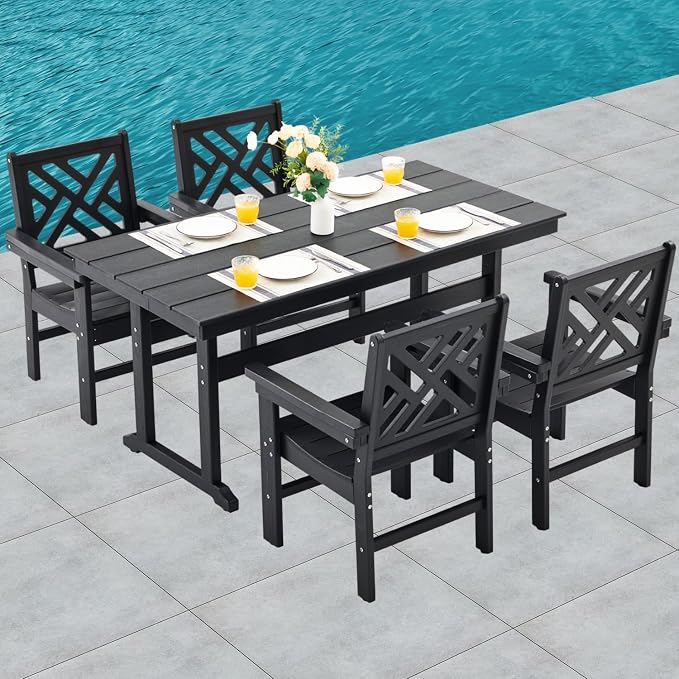 HDPE Dining Table Set for 4,5-Piece Outdoor Table and Chairs Include 4 Dining Chairs and 62.5" Patio Dining Table with Umbrella Hole (Black)