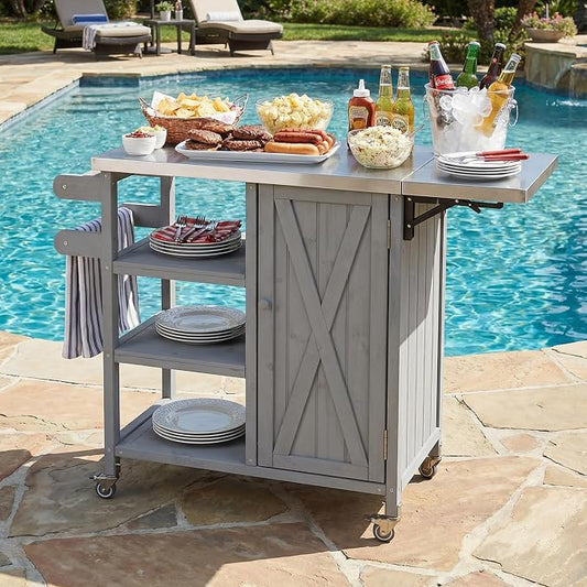 Fold-able Outdoor Storage Box with Stainless Steel Worktop, Fir Wood Patio Storage Cabinet with Lockable Wheels and Towel Rack, 40 Inch Deck Box for Grilling and Garden Tools, Grey