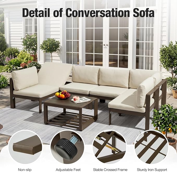 7 Pcs Metal Aluminum Patio Furniture Set Adjustable Corner Sofa with Coffee Table Outdoor Luxury Conversation Sofa Set