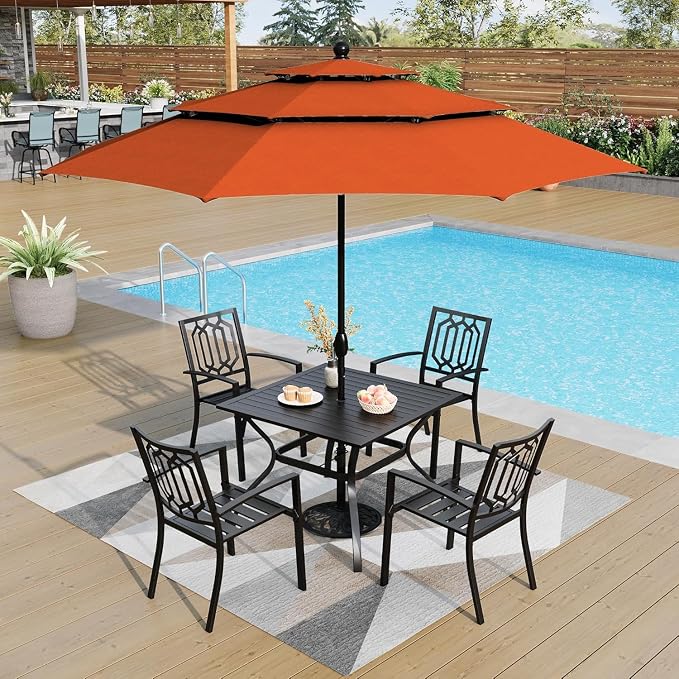 PHI VILLA Patio Dining Set, 4 Stackable Chairs w/Square Metal Table | 37" square metal table w/ 1.57" umbrella hole. Rust-resistant e-coated frame.. Easy assembly. Perfect for patio,deck