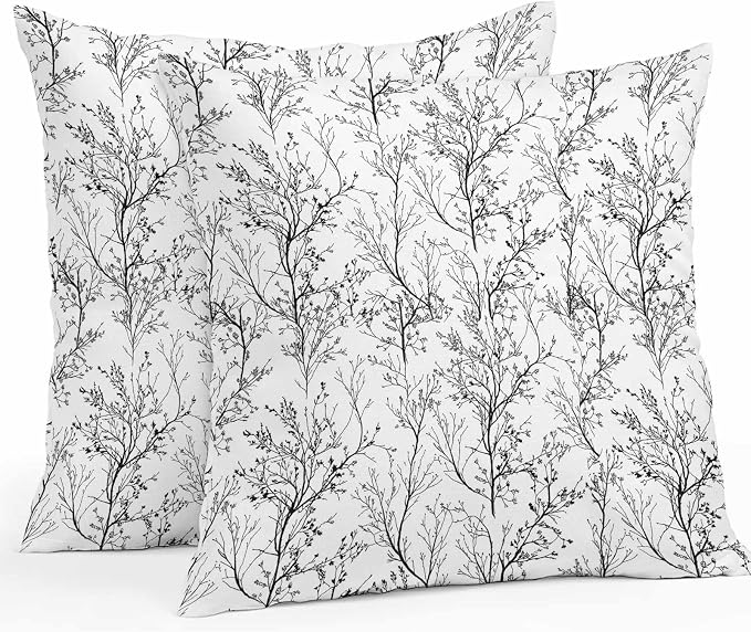 Black White Branches Waterproof Outdoor Pillow Covers Set of 2 Home Decor, Abstract Art Leaves Plant Pillowcase Patio Pillow Covers for Couch Bench Patio Furniture Garden 18x18in