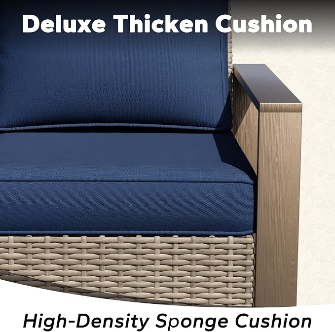 5 Pieces Metal Wicker Patio Furniture Set - 75" Sofa, Two Armchairs and Two Ottomans, All Weather Rattan Outdoor Conversation Furniture with Washable Cushion for Deck Porch, Dark Blue