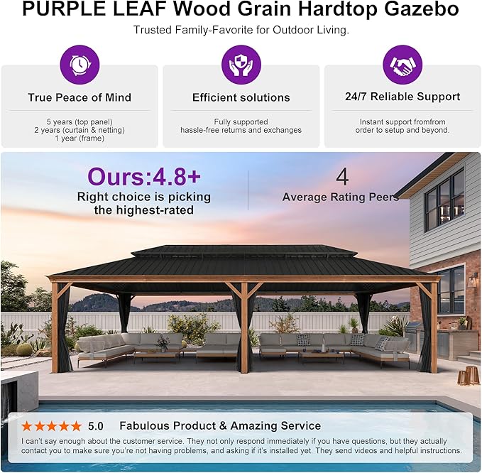 PURPLE LEAF 14' X 28' Outdoor Hardtop Gazebo for Patio Galvanized Steel Double Roof Permanent Canopy Teak Finish Coated Aluminum Frame Pavilion Gazebo with Netting