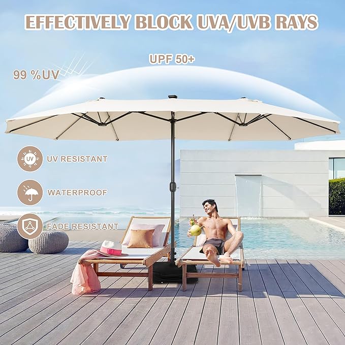 Sundale Outdoor Solar 144 LED 15 ft Patio Umbrella with Sandbag Base Included and Cover, Outdoor Double-Sided Umbrella with Lights
