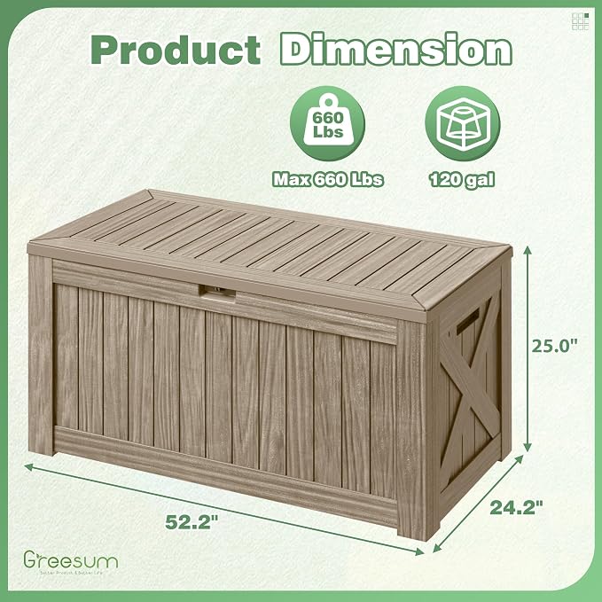 Greesum Outdoor Storage Box 120 Gallon Storage Bin with Lid for Patio Furniture, Garden Tools, Pool Supplies, Lockable, Waterproof and UV Resistant, Coffee