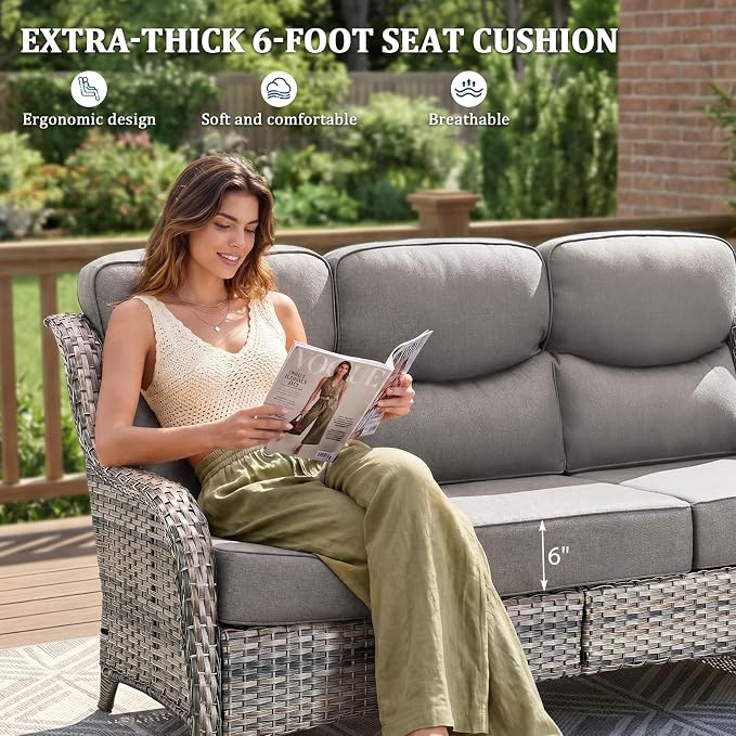 Luxury Swivel Rocker Chair Sofa Set with 6" Thick Cushions,6 Piece Wicker Swivel Rocker Patio Chair with footstools,Outdoor Comfortable High Back Chair Patio Furniture Set - Gery | Gery