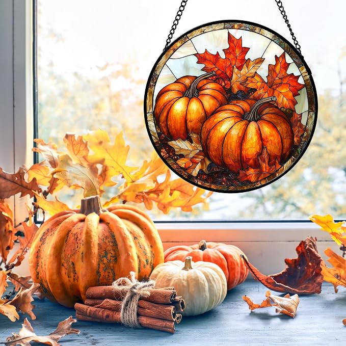 DASTOLL Stained Glass Window Hanging, Pumpkin Maple Leaf Suncatcher for Doors Home Sun Catchers Decoration and Christmas, Mother's Day Birthday Gifts for Women, Men, and Mom 9.8 in
