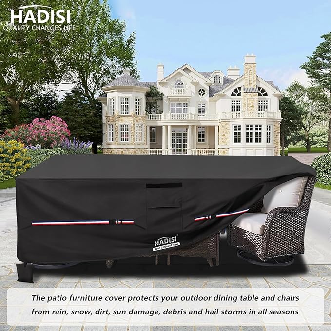 Patio Furniture Covers,Outdoor Furniture Cover Waterproof,600D Rectangular Patio Heavy Duty Table Cover,Outdoor Dining Table and Chair General Purpose Furniture Covers 111"L x 74"W x 28"H-Black