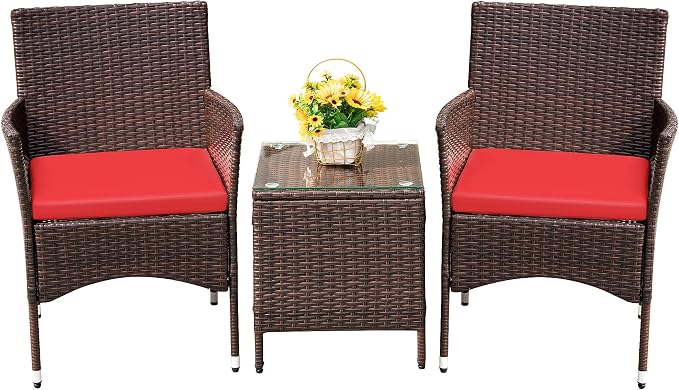Devoko Patio Porch Furniture Sets 3 Pieces PE Rattan Wicker Chairs with Table Outdoor Garden Furniture Sets (Brown/Red)