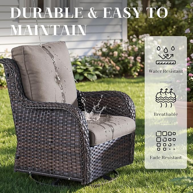 Rilyson Wicker Rocking Chair Swivel Chairs – 6 Piece Rocker Patio Furniture Set Rattan Rocking Bistro Sets with Glass Top Side Table for Outdoor Porch Deck Garden Backyard(Brown/Grey)