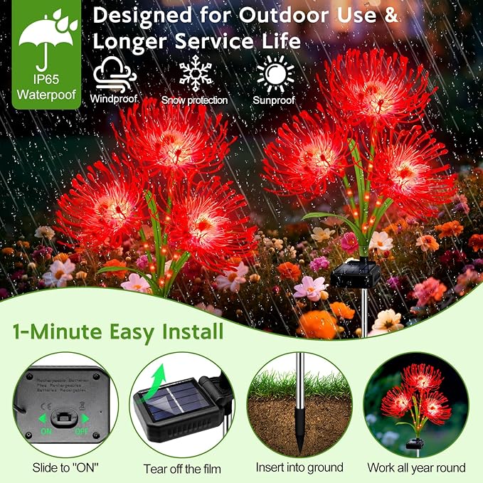 Solar Garden Flower Lights Outdoor, 4 Pack Red Spider Lily with Glowing Stems, Waterproof LED Yard Lawn Pathway Decor, Elegant Patio Garden Decoration, for Mom, Grandma, Women