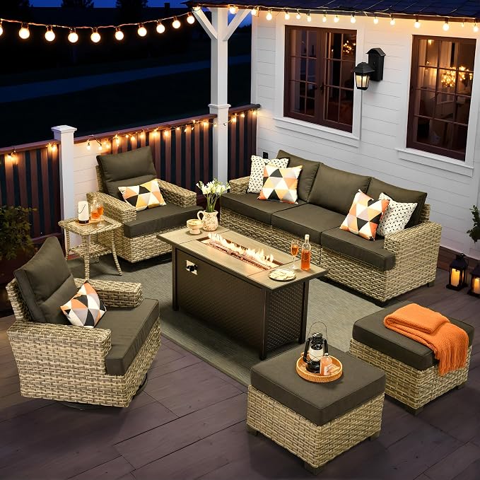 9 Pcs Outdoor Sectional Patio Furniture Set with Fire Pit Table and Swivel Rocking Chairs - All Weather Wicker Modular Outside Sectional Couch,Patio Seating Outdoor Conversation Sets,Black