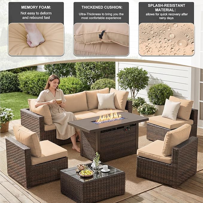 8 Pieces Outdoor Sectional Patio Furniture Set with Fire Pit Table,PE Rattan Wicker Patio Sectional Conversation Set with Cushions and Glass Coffee Table Beige