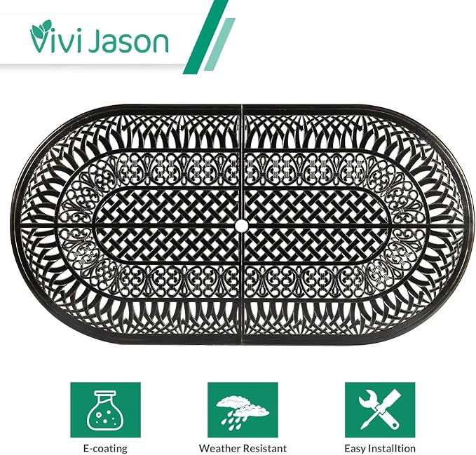 VIVIJASON 9-Piece Outdoor Cast Aluminum Dining Set, Rust-Free Classic Vintage Patio Furniture Set, Include 8 Cushioned Chairs and an Oval Table with Umbrella Hole for Lawn Backyard, Ocean Blue Cushion
