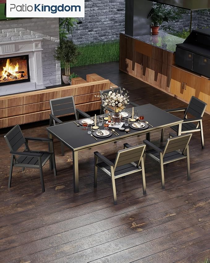 7-Piece Patio Dining Set with 11FT Umbrella, Aluminum & HDPE Outdoor Table and Chairs, Weather-Resistant All-Season Backyard, Deck & Patio Dining Furniture with 2" Umbrella Hole (Black)