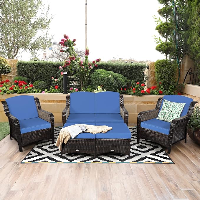 COSTWAY 5PCS Patio Wicker Rattan Furniture Set, Loveseat Sofa with Ottomans and Cushioned Chairs, Conversation Sets for Outdoor Garden Backyard