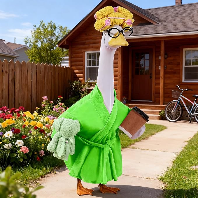 Lady Porch Goose Outfits,Bathrobe Porch Goose Statue Costume with Curlers Reading Glasses Coffee Cup Towel, Cute Goose Clothes for 23-Inch Cement Statue, Lawn Yard Garden Patio Decor(Green)