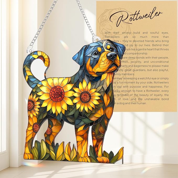 Rottweiler Gifts for Women, Colorful Rottweiler Ornament for Window Hanging | 4.1"x4.1" Acrylic Suncatcher Ornament Faux Stained Glass, Dog Lovers Gifts for Women, Dogs Christmas Ornaments for Tree