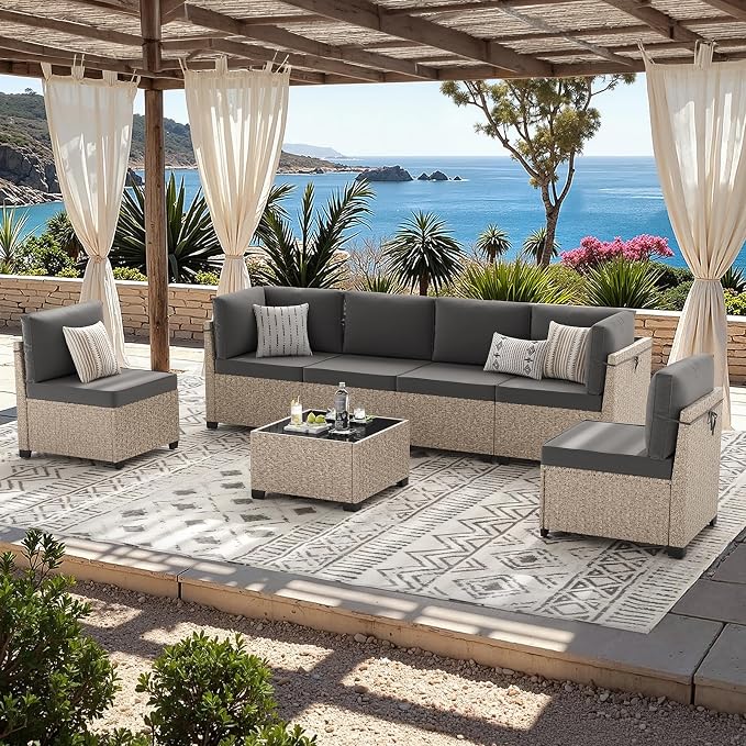 Soohow 7-Piece Patio Furniture Set, Outdoor Sectional All-Weather Wicker Patio Conversation Set for Garden, Porch, Backyard - Grey Cushions