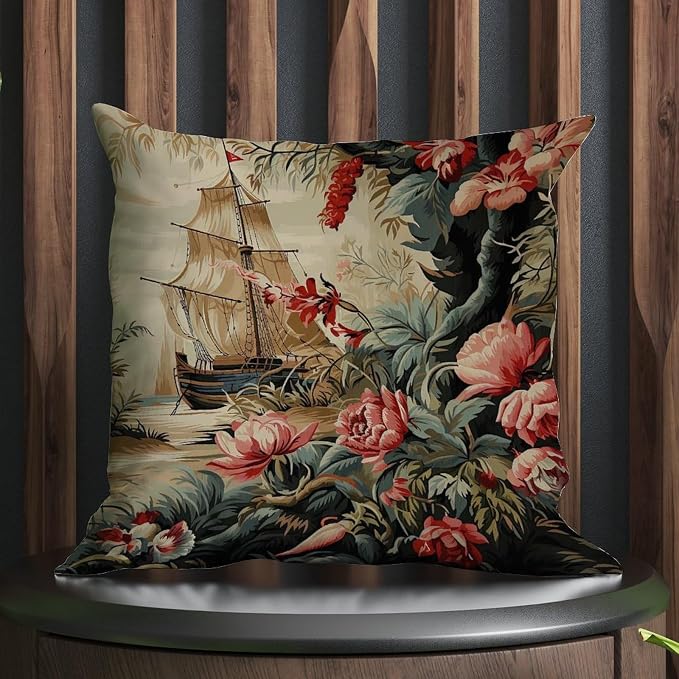 Moore Manor Antique Chinoiserie Cushion Cases Vintage Boats and Flowers Pillow Covers 16x16 INClassic Accent Outdoor Garden Decoration for Patio Couch Bench