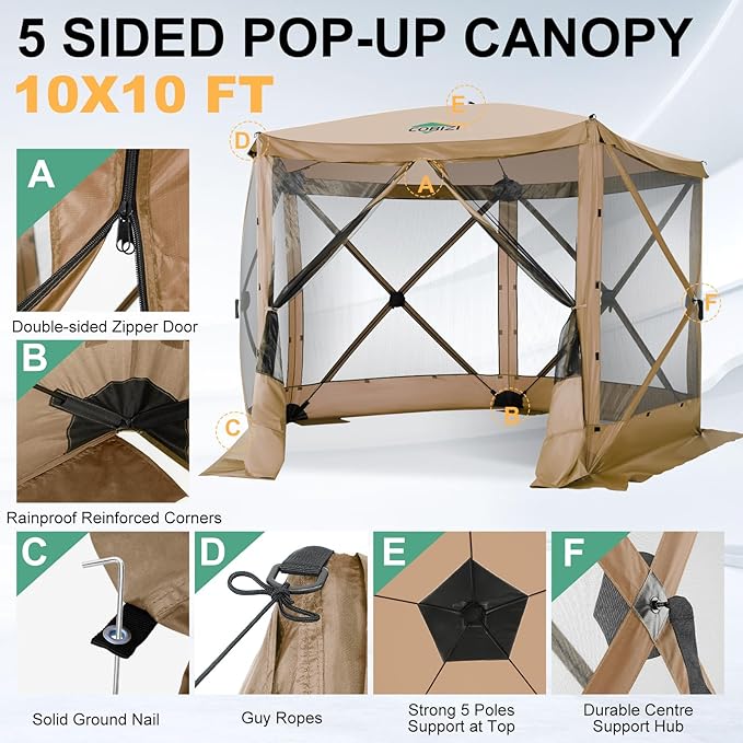 COBIZI 10x10 FT Pop up Gazebo, Popup Canopy Tent, Screened in Gazebos, Waterproof Portable Outdoor Small Screen Tents Sun Shelter,carpas para Patio for Camping, Garden and Backyard,Khaki