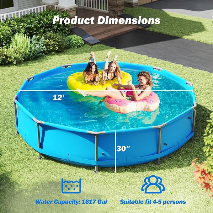 Goplus Above Ground Swimming Pool, Frame Family Pool Set w/Metal Frame, PVC Fabric, 3 Stoppers, Drainage Valve Connector, for Outdoor, Backyard, Garden, Patio (12' Round w/Solar Cover, 1617 Gal, Blue)