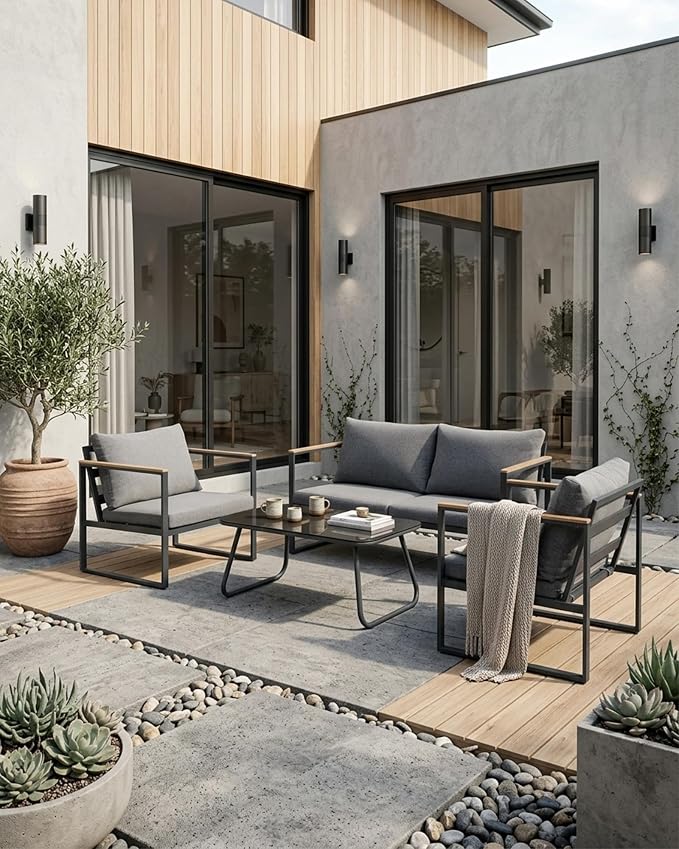 4 Piece Patio Furniture Set,Metal Outdoor Furniture Couch with Clear Tempered Glass Coffee Table,All Weather Patio Conversation Sets with Loveseat & Grey Washable Cushions for Balcony,Porch