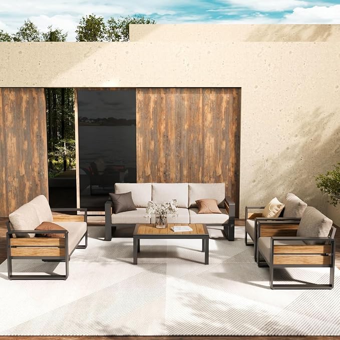5-Piece Outdoor Patio Furniture Set with Modern Metal Sectional Sofa, Washable Thick Cushions and Coffee Table for Garden Backyard Porch(Gray)