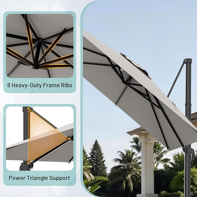 AreShark 10 × 10FT Square Cantilever Patio Umbrella with Base Included, 360° Rotation Offset Outdoor Umbrella, 5 Tilt Settings Heavy Duty Hanging Parasol for Deck Garden Pool, Light Grey